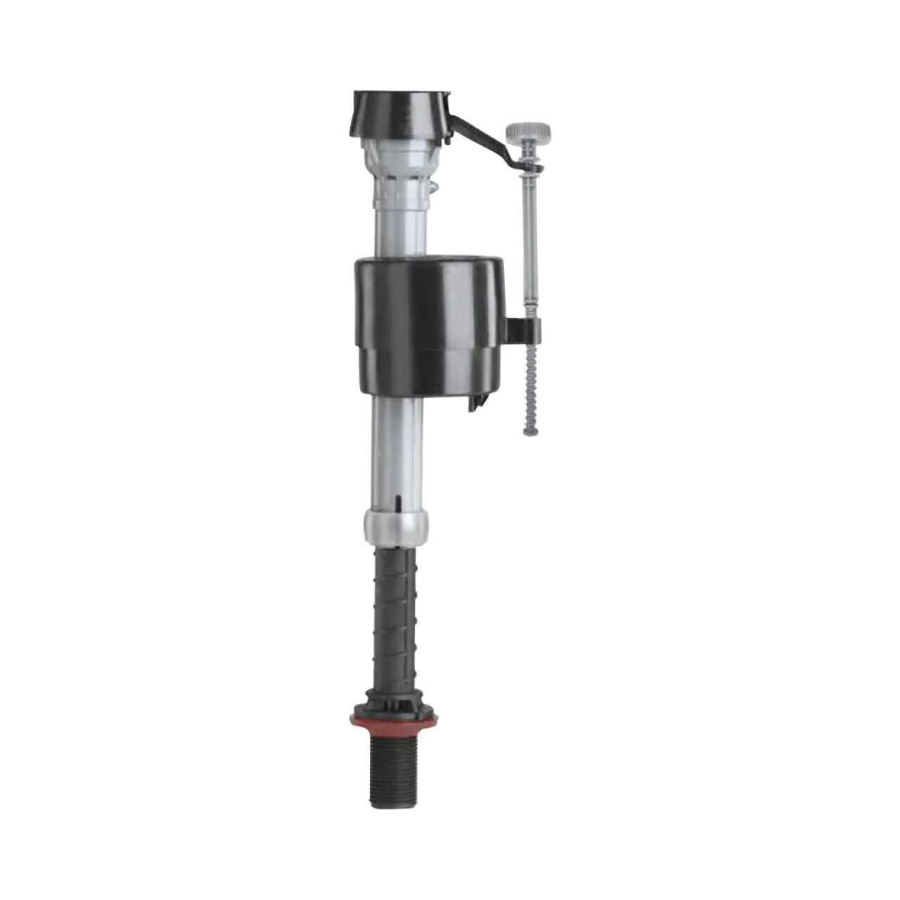 The Go Build 400A Universal Toilet Fill Valve, featuring an adjustment screw and a sleek black and silver design, stands upright on a white background—perfect for quickly and efficiently fixing noisy toilets.